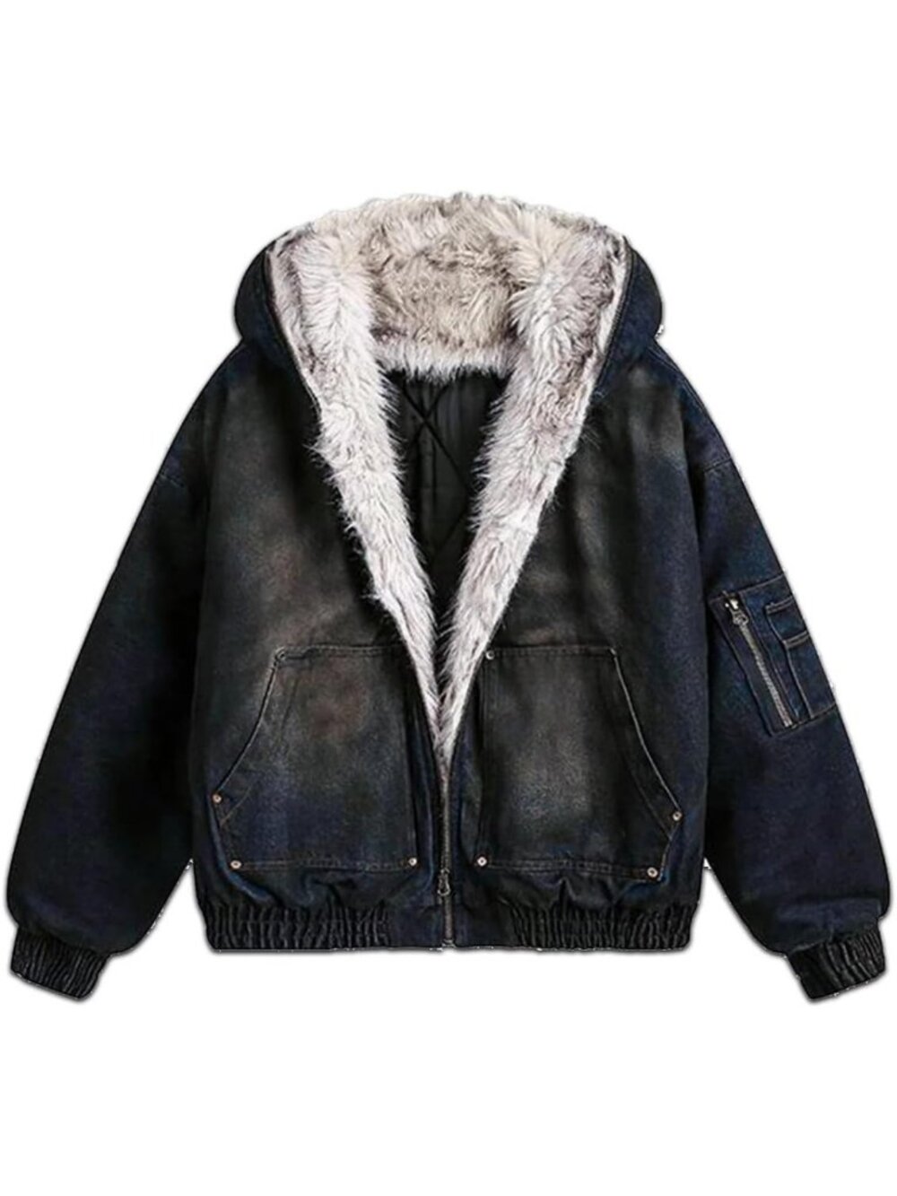 Cozy Fuzzy Fur Hoodie Jacket for Teens - Zip Up, Lined, Thicken Denim Winter